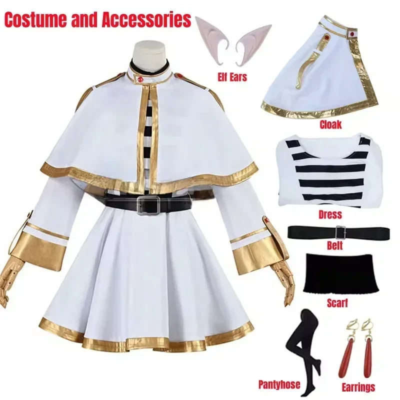 Frieren Cosplay Costume Set featuring dress, wig, elf ears, and earrings for anime enthusiasts.
