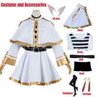 Frieren Cosplay Costume Set featuring dress, wig, elf ears, and earrings for anime enthusiasts.