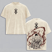 Guts Berserk T-Shirt vintage washed cotton graphic tee with oversized Y2K fit O-neck collar and short sleeves front view