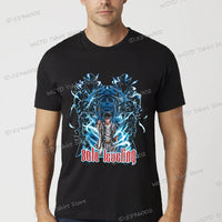 A vintage black Solo Leveling Anime T-Shirt featuring a funny Sung Jinwoo graphic print, available in sizes S to 4XL for men and women.