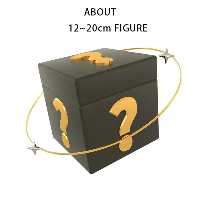 A colorful One Piece Mystery Box packaging containing a random anime action figure surprise, featuring silhouettes of Luffy and Zoro.