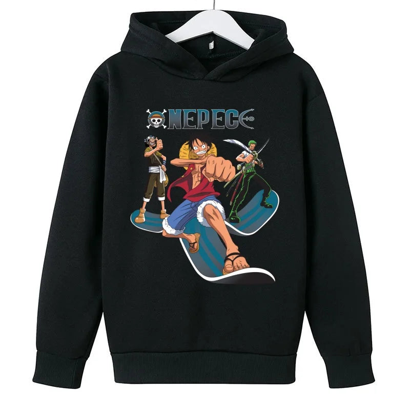 A trendy One Piece Kids Hoodie featuring cartoon graphic prints of Luffy and Zoro, designed as a casual spring and autumn pullover for children.