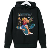 A trendy One Piece Kids Hoodie featuring cartoon graphic prints of Luffy and Zoro, designed as a casual spring and autumn pullover for children.