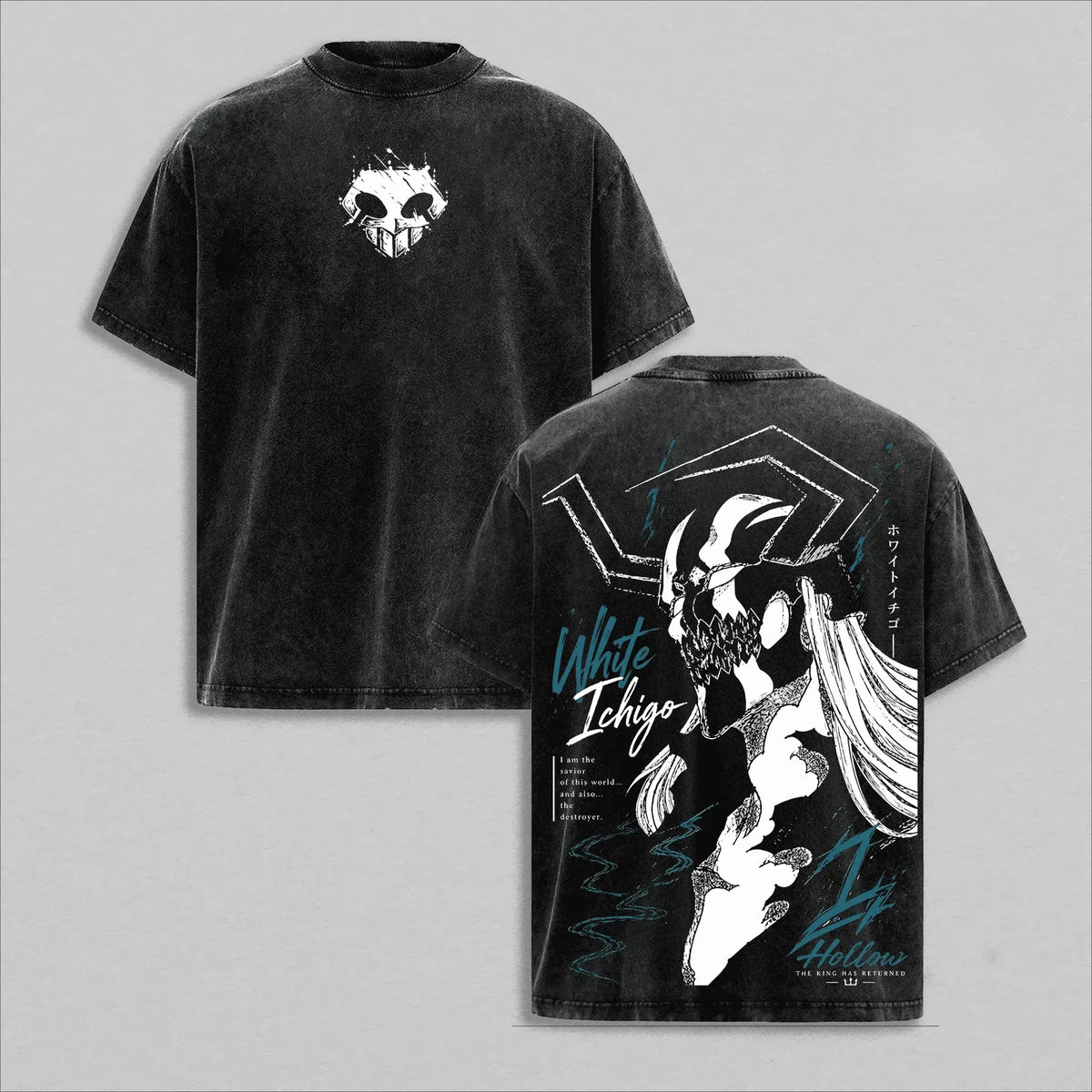 Ichigo Kurosaki Bleach Manga Washed T-Shirt featuring White Ichigo design on a black cotton tee, vintage anime style.
