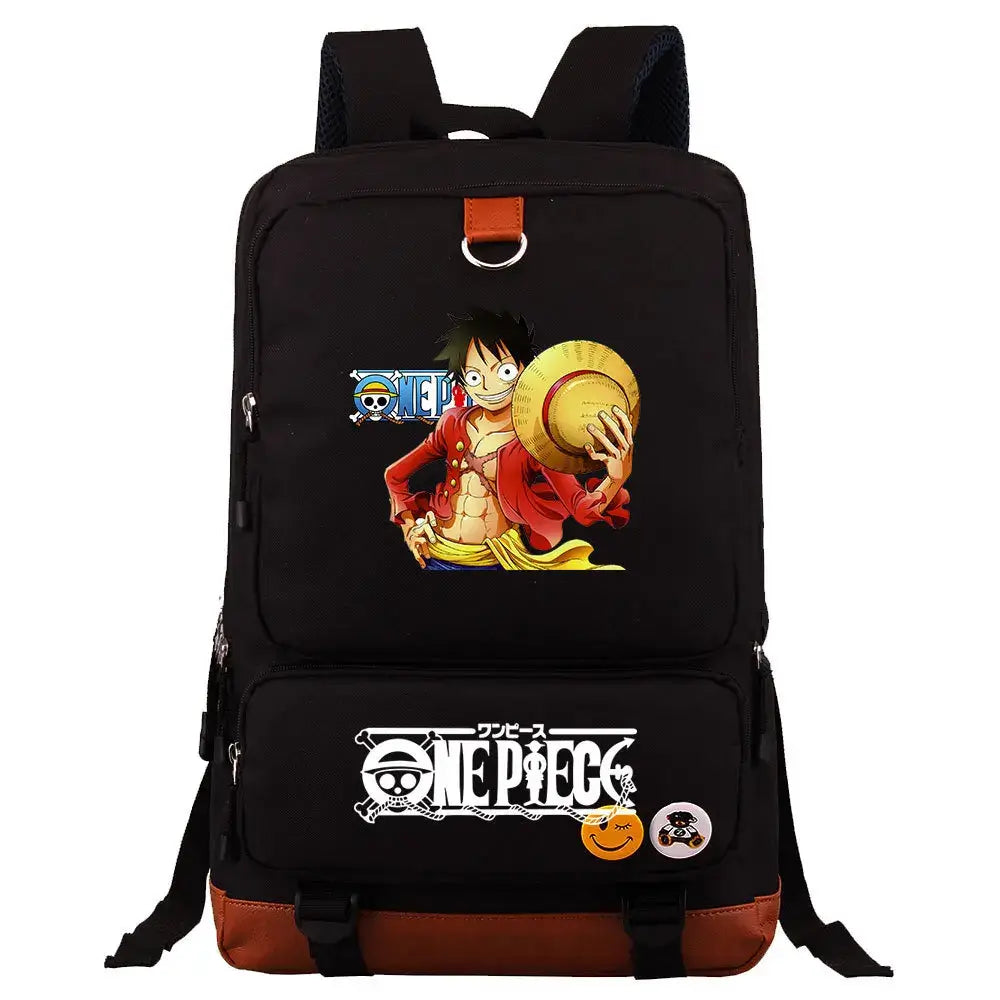 A large, unisex One Piece Luffy Printed Unisex Backpack suitable for school and travel, with compartments for a laptop and iPad.