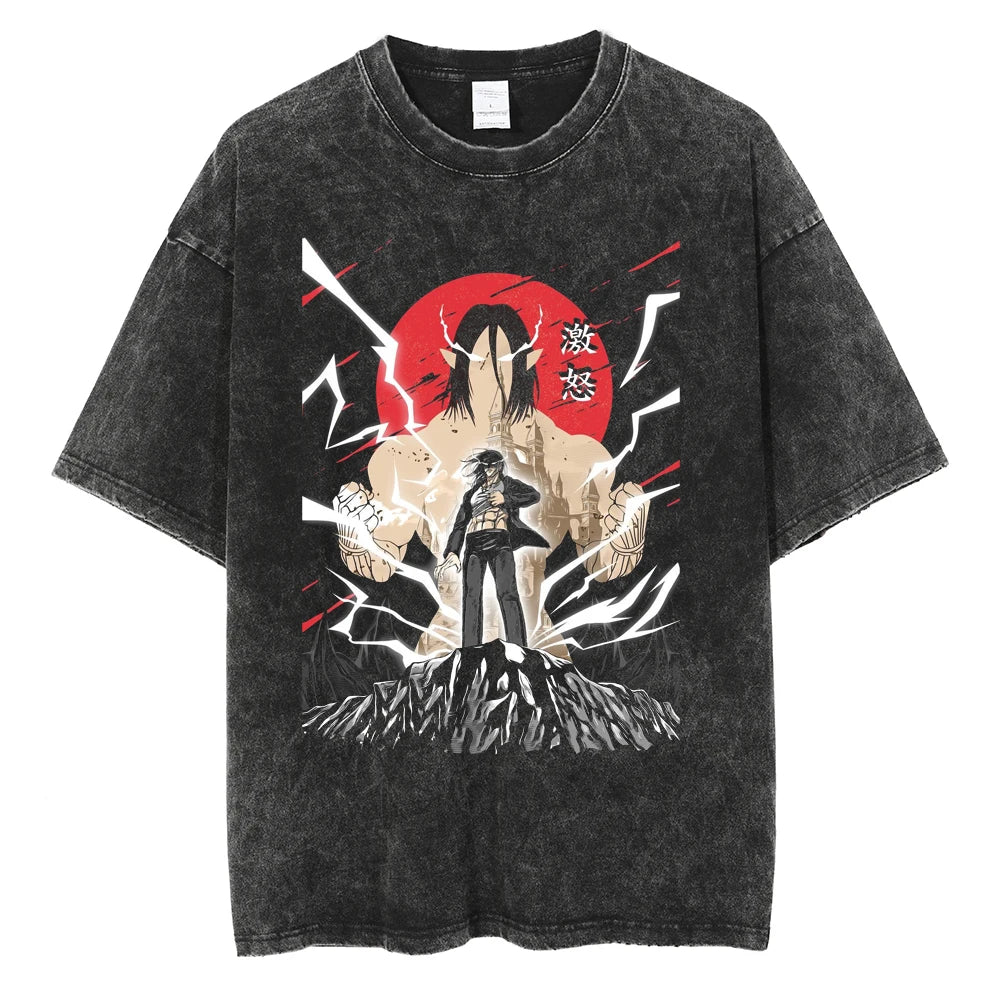 A vintage-washed Eren Jaeger T-Shirt featuring a gritty Attack on Titan manga graphic, styled as oversized Harajuku streetwear for men and women.