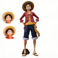 One Piece Luffy Figure: 28cm anime statue with interchangeable faces for customization and display.