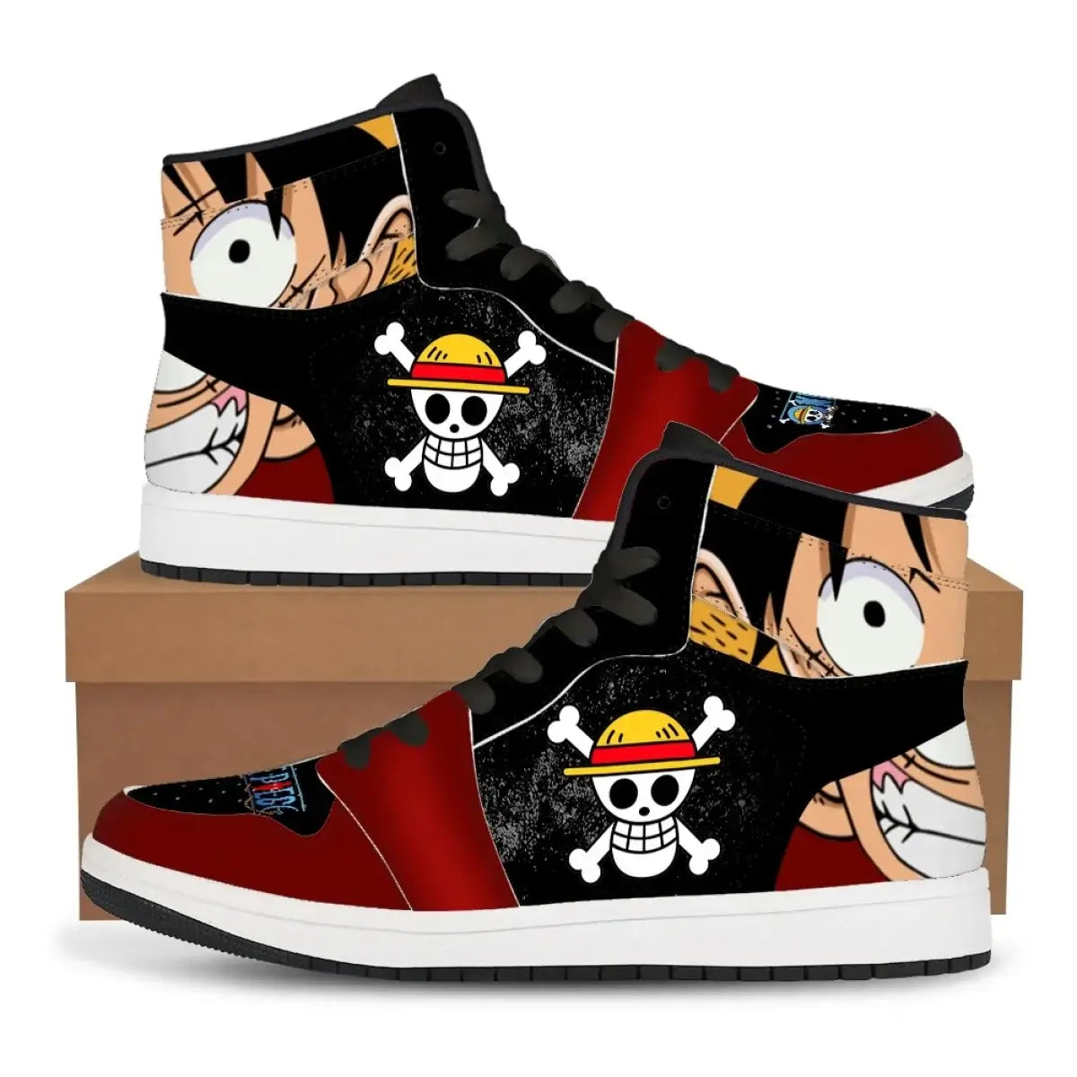 A pair of custom One Piece Basketball Shoes featuring anime designs of Luffy and Zoro, suitable as unisex sneakers.