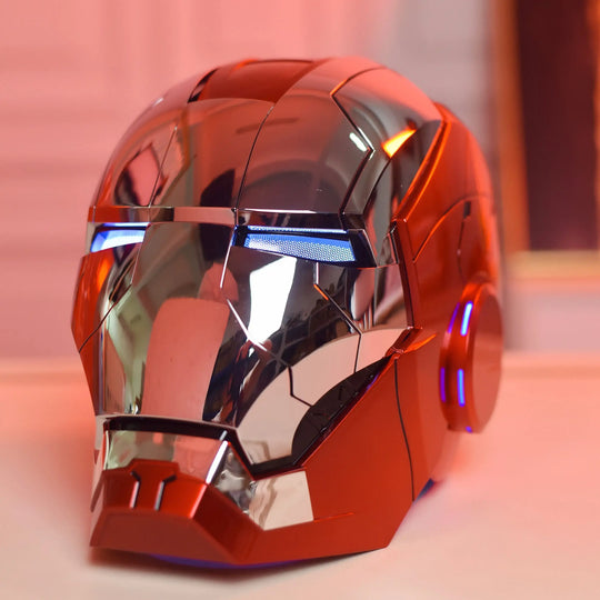 A wearable AutoKing Iron Man Helmet (Mk5) featuring voice-controlled opening face plates and glowing LED eyes for adult cosplay and display.