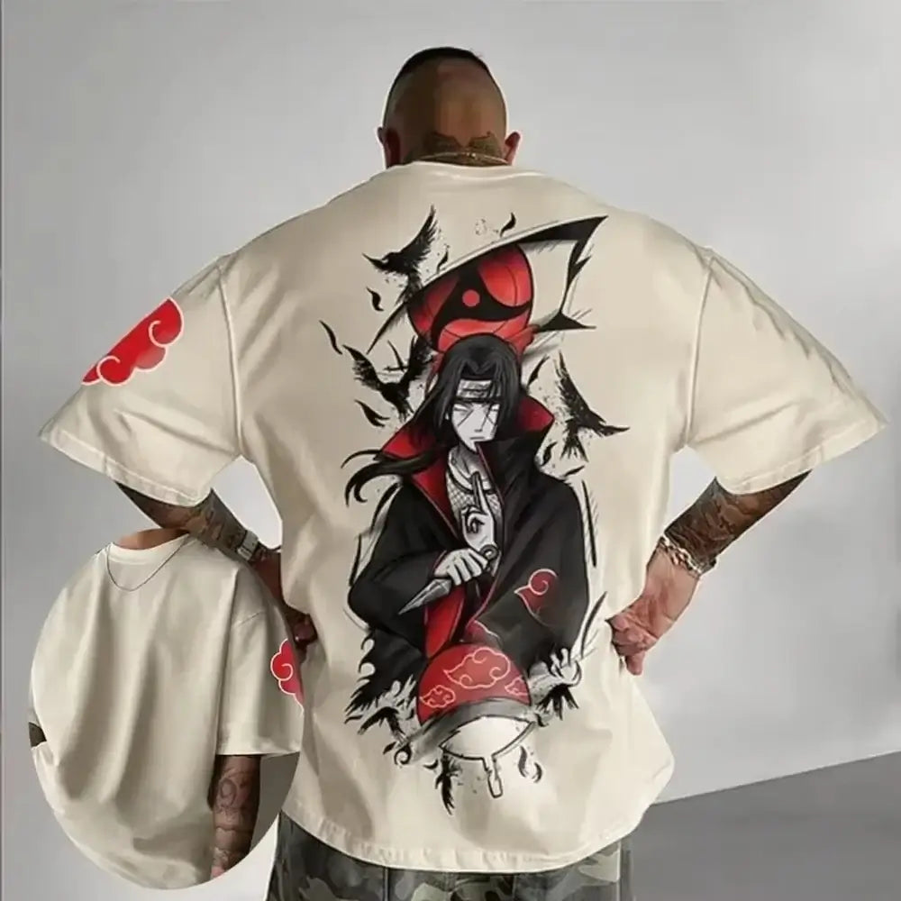 A breathable cotton Uchiha Itachi Oversized T-shirt by MINISO, featuring a sporty graphic print of the Akatsuki member for adults and children.