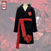 A thick flannel Naruto Akatsuki Robe featuring red clouds and Uchiha Itachi anime styling, designed as a thermal winter bathgown for young adults.