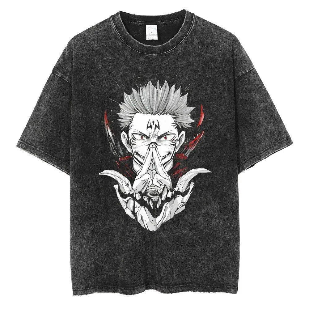 Jujutsu Kaisen Vintage Washed Cotton T-Shirt featuring bold graphic design and relaxed fit for anime fans.