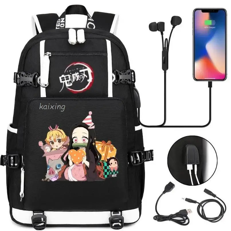 A pink and black Nezuko Demon Slayer Backpack featuring a USB charging port and kawaii anime character art, designed for teen girls and students.