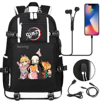 A pink and black Nezuko Demon Slayer Backpack featuring a USB charging port and kawaii anime character art, designed for teen girls and students.