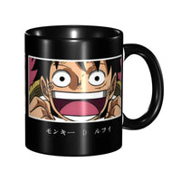 A ceramic Monkey D Luffy Quotes One Piece Mug featuring funny anime text and pirate character art, designed as a durable present for kids.