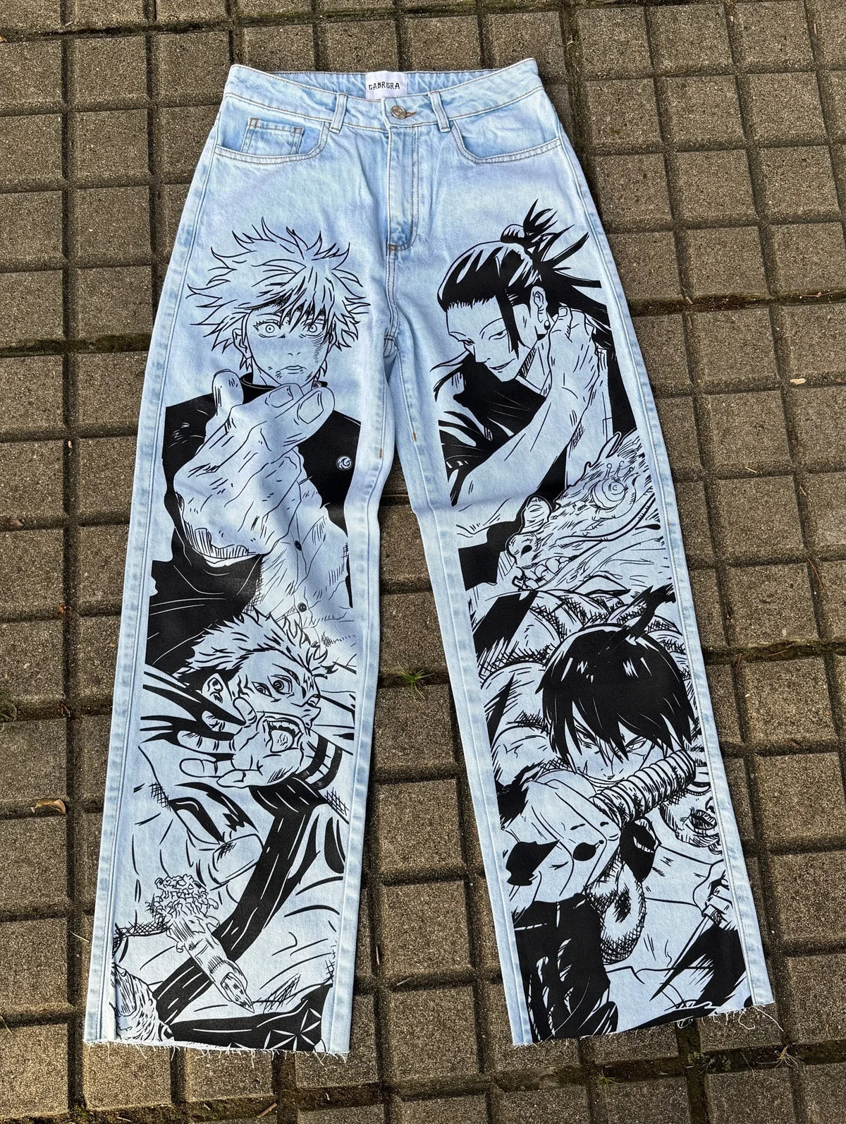 Trendy high-waist Anime Jeans featuring high-definition digital graphic prints, designed as wide-leg Y2K streetwear for men and women.