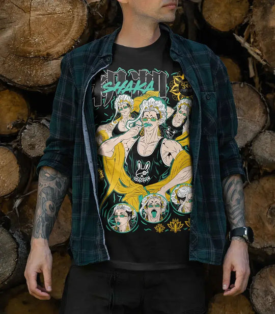 A stylish Record of Ragnarok Buddha T-Shirt featuring a graphic print of the anime character Buddha, designed as a casual top for girls and women.