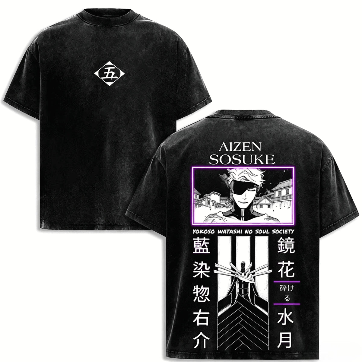 BLEACH Y2K Oversized T-Shirt featuring unique graphic design and washed black fabric, ideal for Harajuku streetwear fans.