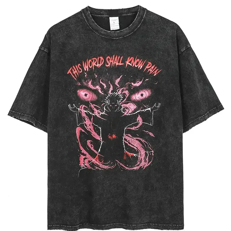 Men's vintage Naruto Rock Lee Streetwear T Shirt in a washed black style, featuring an anime graphic of the taijutsu master.