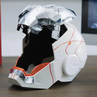 A wearable AutoKing Iron Man Helmet (Mk5) featuring voice-controlled opening face plates and glowing LED eyes for adult cosplay and display.