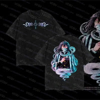 A vintage-washed Gyomei Himejima T-shirt made of soft cotton, featuring a graphic print of the Stone Hashira for men's Harajuku streetwear.