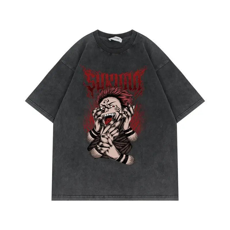 Jujutsu Kaisen Vintage Washed Cotton T-Shirt featuring bold graphic design and relaxed fit for anime fans.