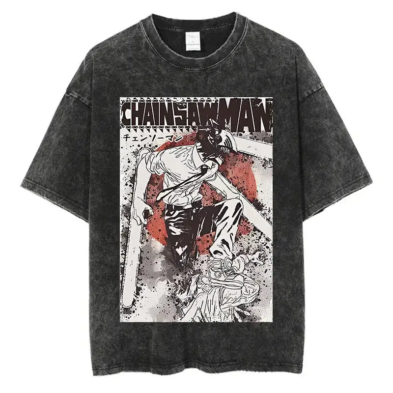 A vintage-washed black Chainsaw Man T-Shirt made of soft cotton, featuring a Denji graphic print, designed as oversized Harajuku streetwear.