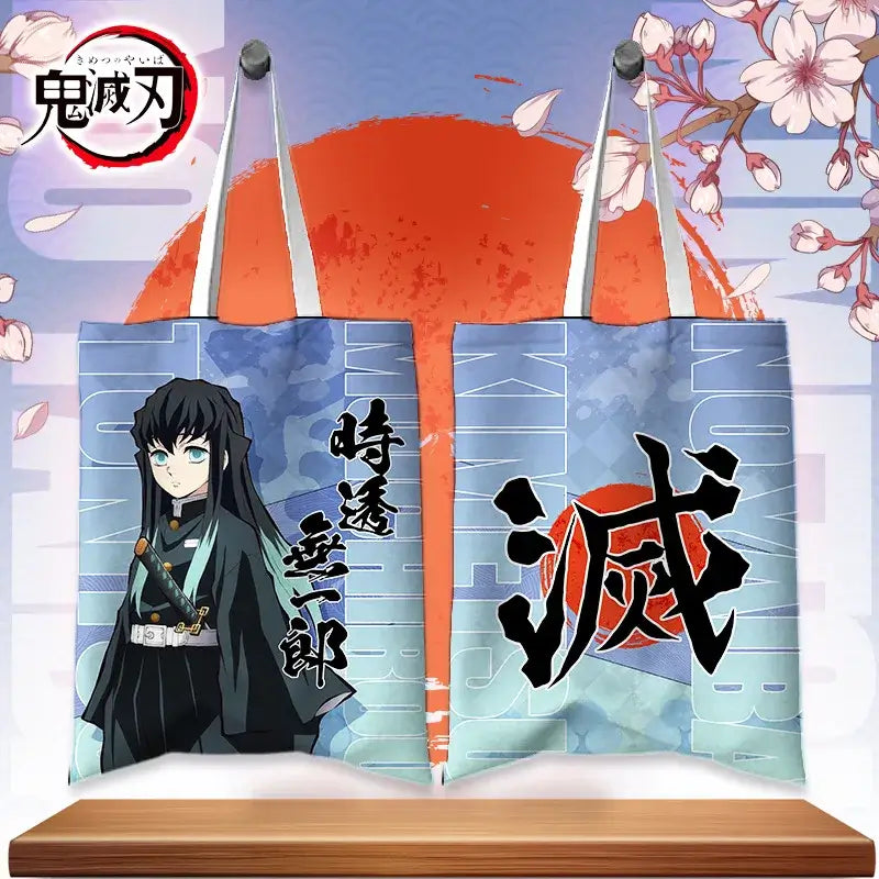 A stylish Shinobu Kocho Canvas Bag featuring a cute cartoon print of the Insect Hashira, designed as a small Japanese style shoulder handbag for women.