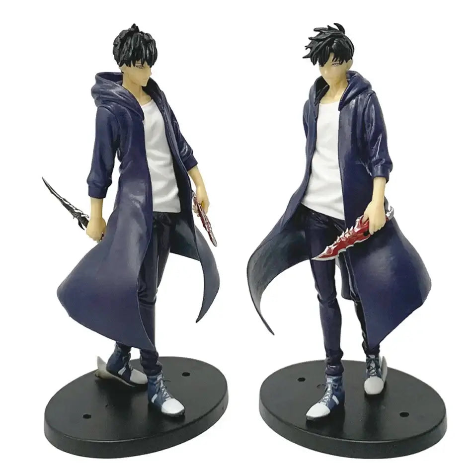 A highly detailed Sung Jin Woo Figure, showcasing the Solo Leveling Shadow Monarch in a dynamic anime action pose for desktop decoration.