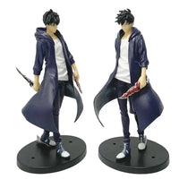 A highly detailed Sung Jin Woo Figure, showcasing the Solo Leveling Shadow Monarch in a dynamic anime action pose for desktop decoration.