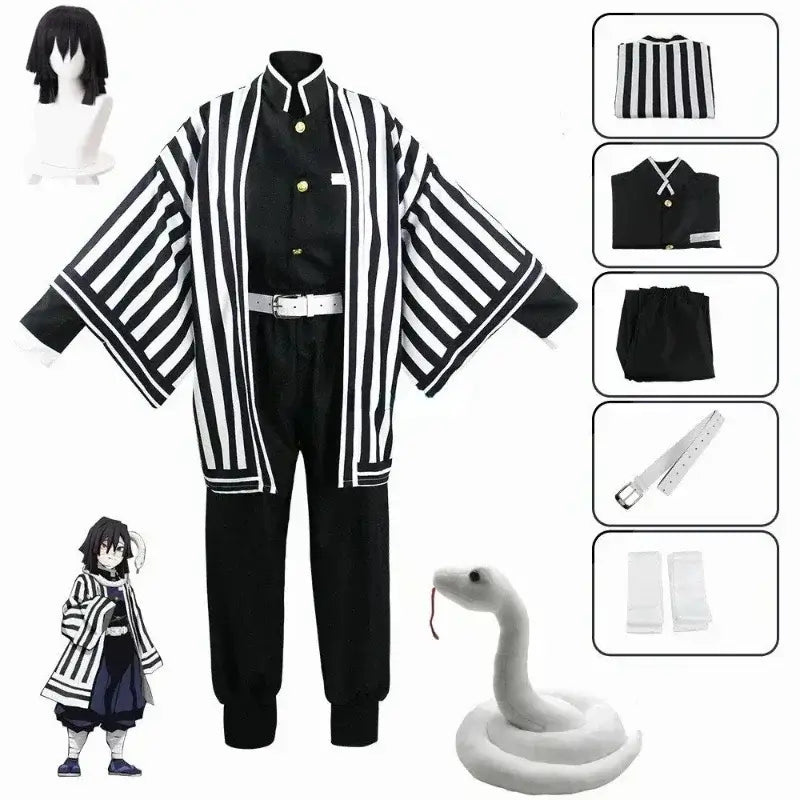 A complete Iguro Obanai Cosplay Costume featuring the black and white striped kimono, Demon Slayer uniform, and wig for Halloween parties.