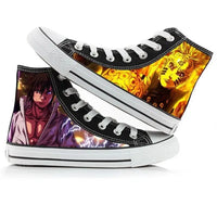 Trendy high-top Naruto Canvas Shoes featuring cool graffiti personality prints of Sasuke Uchiha, Itachi, and Kakashi for men and women.