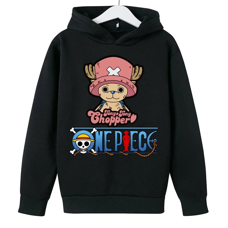 A trendy One Piece Kids Hoodie featuring cartoon graphic prints of Luffy and Zoro, designed as a casual spring and autumn pullover for children.