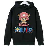A trendy One Piece Kids Hoodie featuring cartoon graphic prints of Luffy and Zoro, designed as a casual spring and autumn pullover for children.