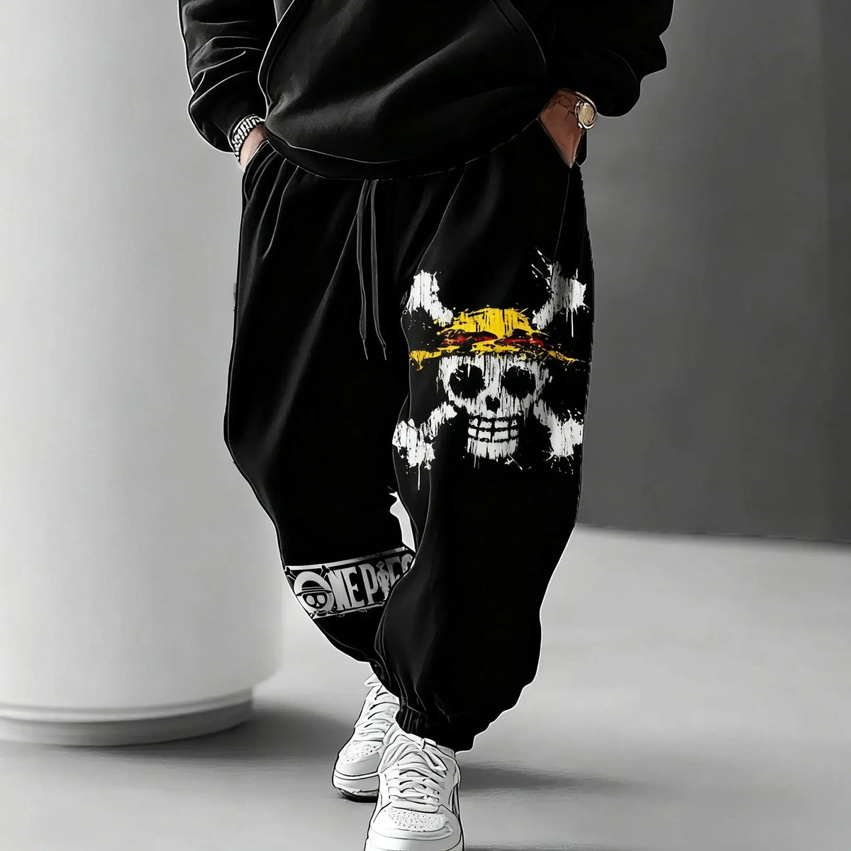 Trendy One Piece Graphic Joggers featuring anime character prints, designed as casual Y2K streetwear sweatpants for men and women.