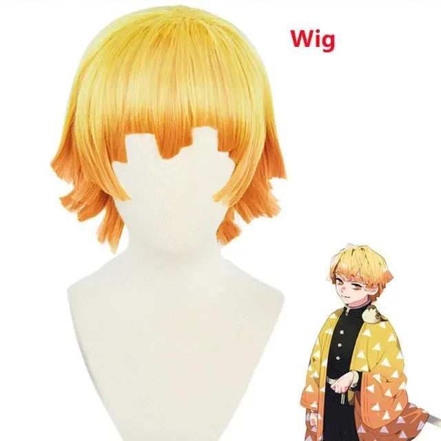 A complete Zenitsu Cosplay Costume featuring the yellow triangle-patterned haori, black uniform, and blonde wig for Halloween.