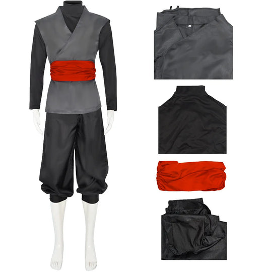 Dragon Ball Super Goku Black cosplay costume full set shown on a mannequin, featuring a black and gray outfit with red accents.