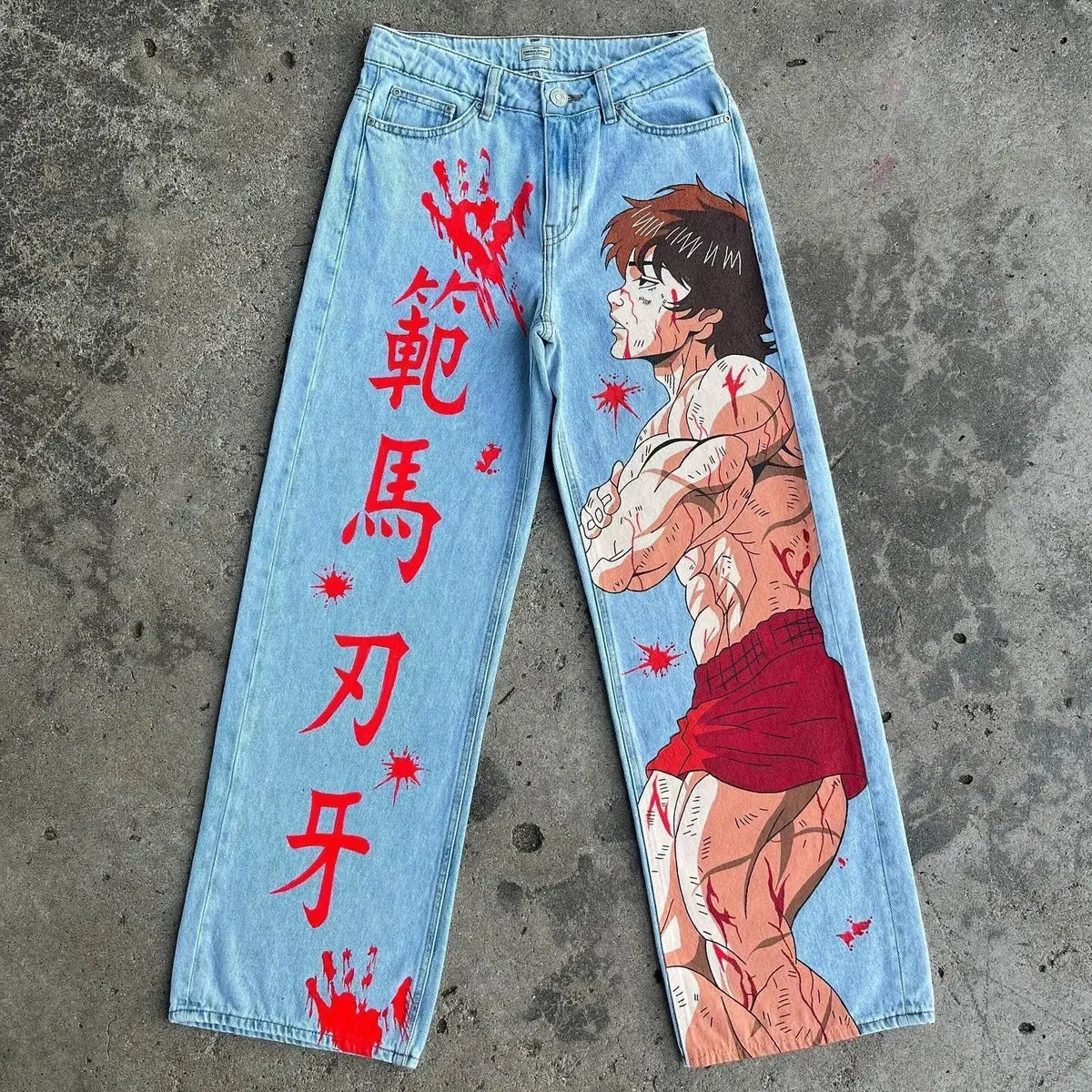 Trendy Y2K Anime Baggy Jeans featuring a Harajuku graphic print pattern, designed as high-waisted vintage streetwear for men and women.