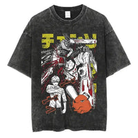 A vintage-washed black Chainsaw Man T-Shirt made of soft cotton, featuring a Denji graphic print, designed as oversized Harajuku streetwear.