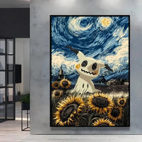 A stunning Van Gogh Pokemon Wall Art piece featuring Pikachu painted in a Starry Night impressionist style for unique home decoration.