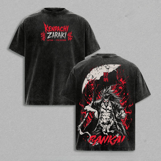 Kenpachi Zaraki Bleach Vintage Washed Soft Cotton T-Shirt featuring a striking design with 'BANKAI!' and graphic art.