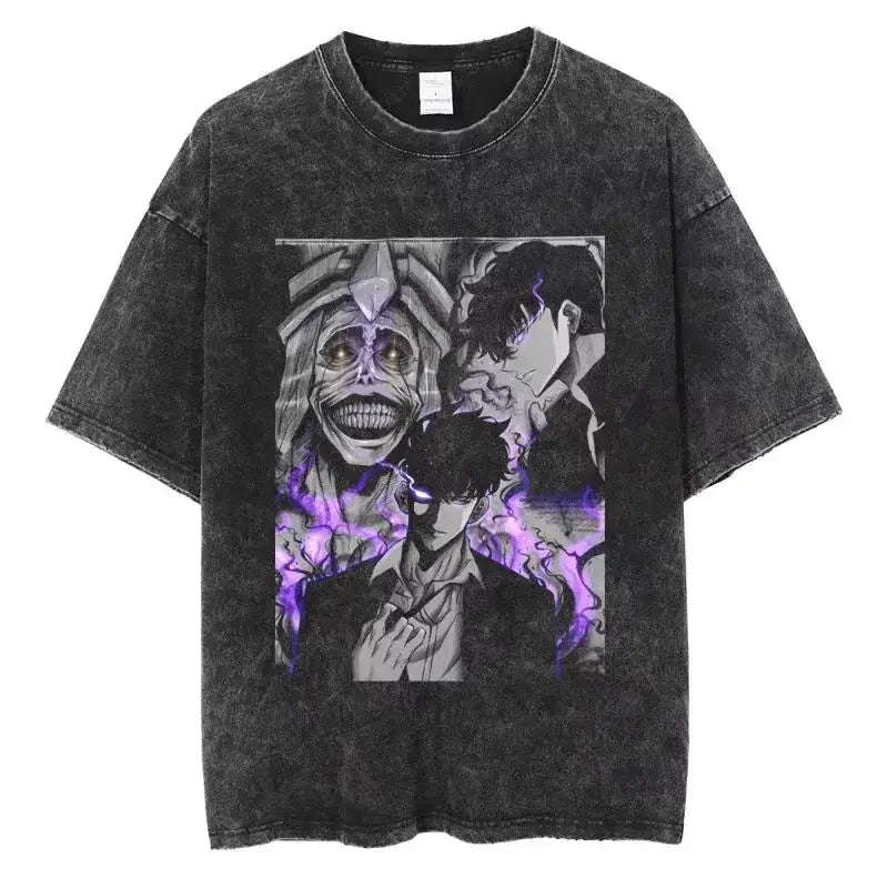 A hot unisex and plus size Solo Leveling Sung Jin-Woo Printed T Shirt in a washed cotton Harajuku style.