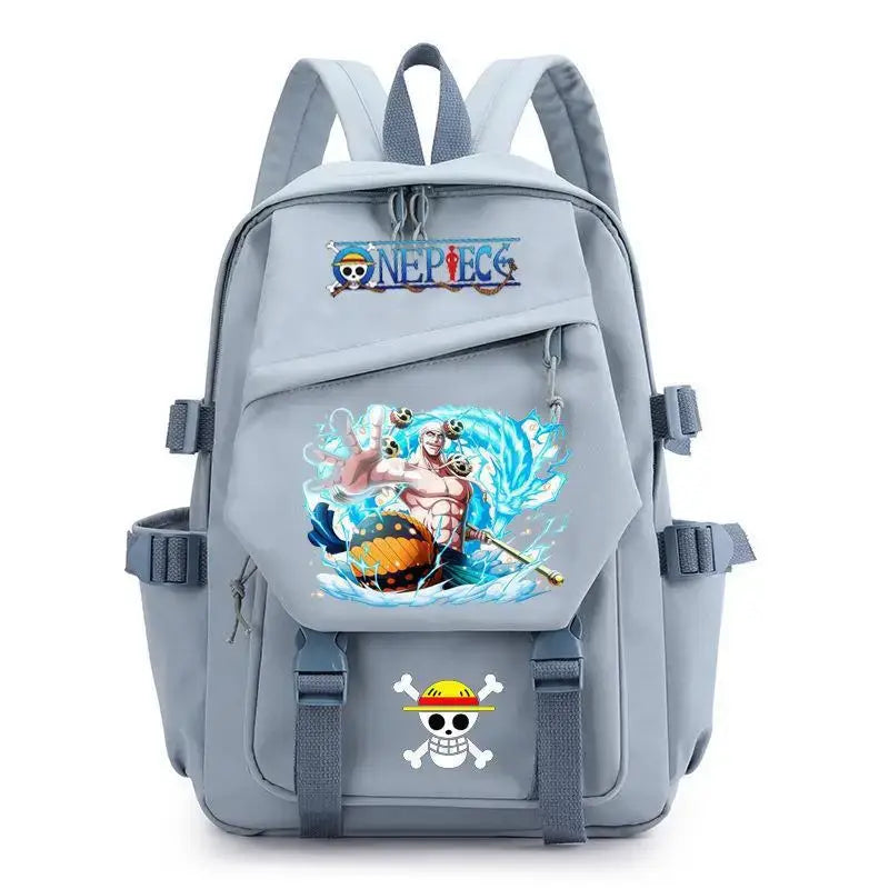 A lightweight canvas One Piece Backpack featuring kawaii anime characters, suitable for school, travel, and carrying a laptop computer.