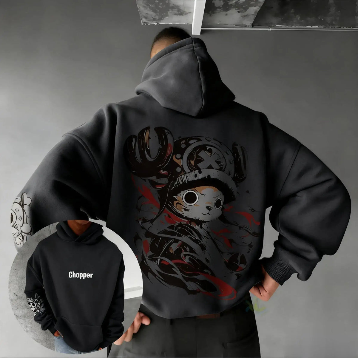 One Piece Chopper Anime Hoodie features a cute Chopper design on the back, showcasing oversized Y2K streetwear style.