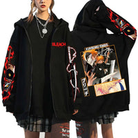 A unisex Bleach Zip Up Hoodie featuring 3D cosplay prints of Kurosaki Ichigo, Kyoraku Shunsui, and Hitsugaya Toshiro for anime fans.