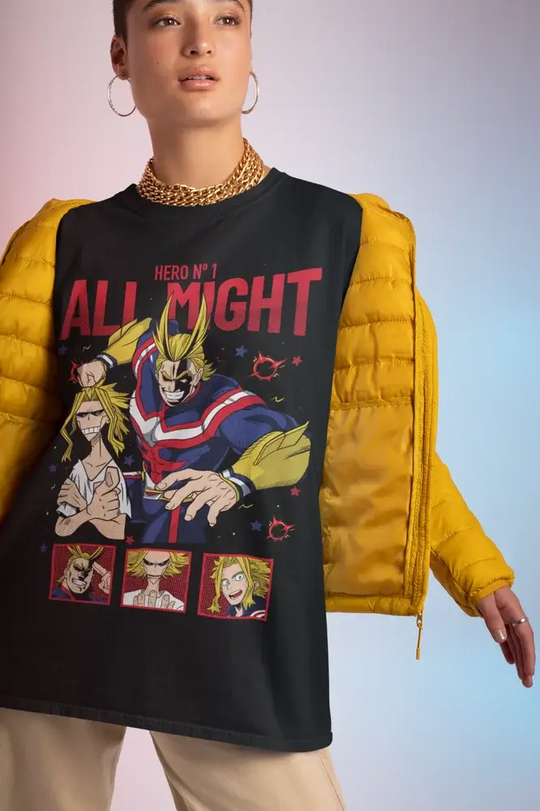 A premium All Might T-shirt featuring a manga armor strip graphic of All Might and Hawks, designed as a gift for My Hero Academia fans.