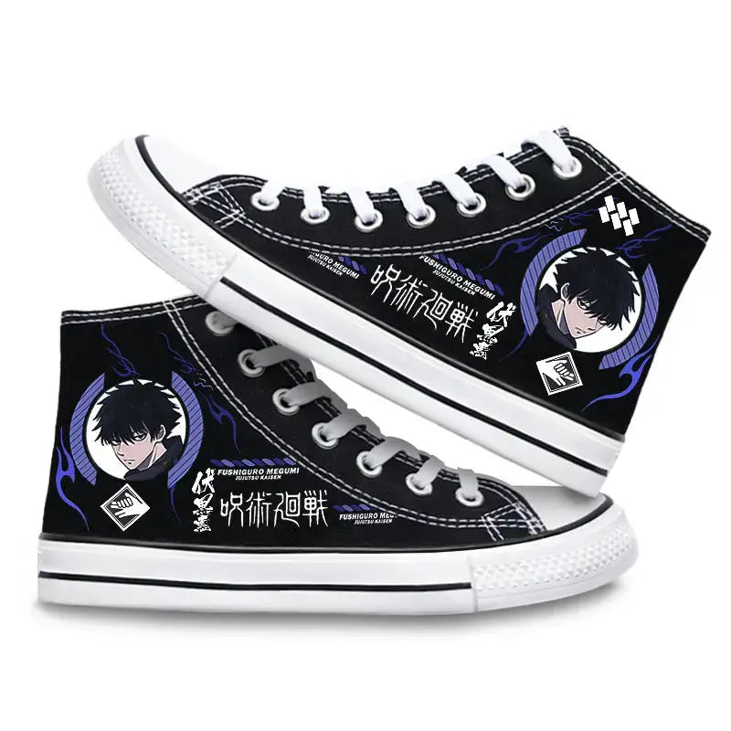 Pair of Jujutsu Kaisen Canvas Shoes featuring Gojo Satoru and Fushiguro Megumi creative cartoon patterns, designed as fashion high-top sneakers.
