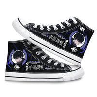 Pair of Jujutsu Kaisen Canvas Shoes featuring Gojo Satoru and Fushiguro Megumi creative cartoon patterns, designed as fashion high-top sneakers.