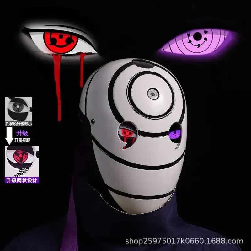 A highly imitative, high-gloss Obito Cosplay Mask featuring the Akatsuki Sharingan design for anime Halloween costumes and conventions.