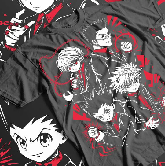 A premium unisex Hunter x Hunter T-Shirt featuring a dynamic manga graphic of Gon Freecss and Killua Zoldyck for anime fans.
